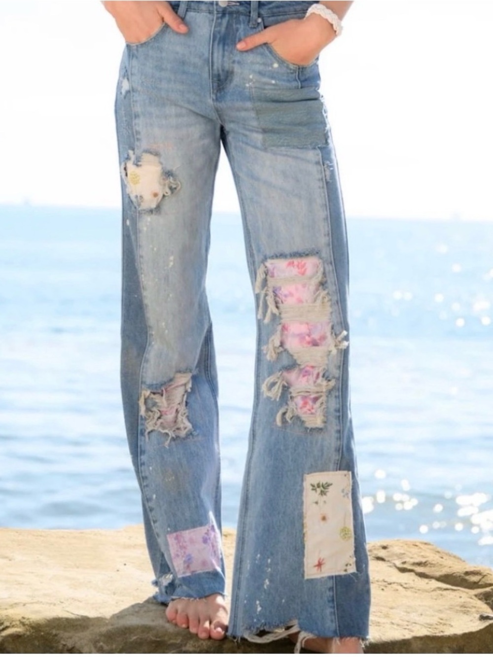 Altar'd State Eloise Patchwork Blue Floral Patch boho festival Jeans 30/33 B08